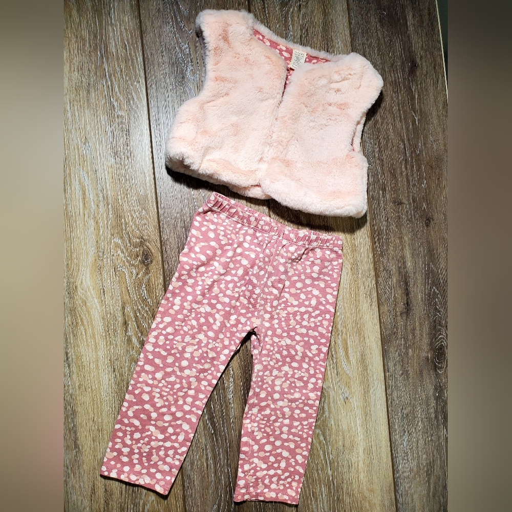 Toddler girls 2 piece, pink leggings and faux fur vest set, Size 18 M
